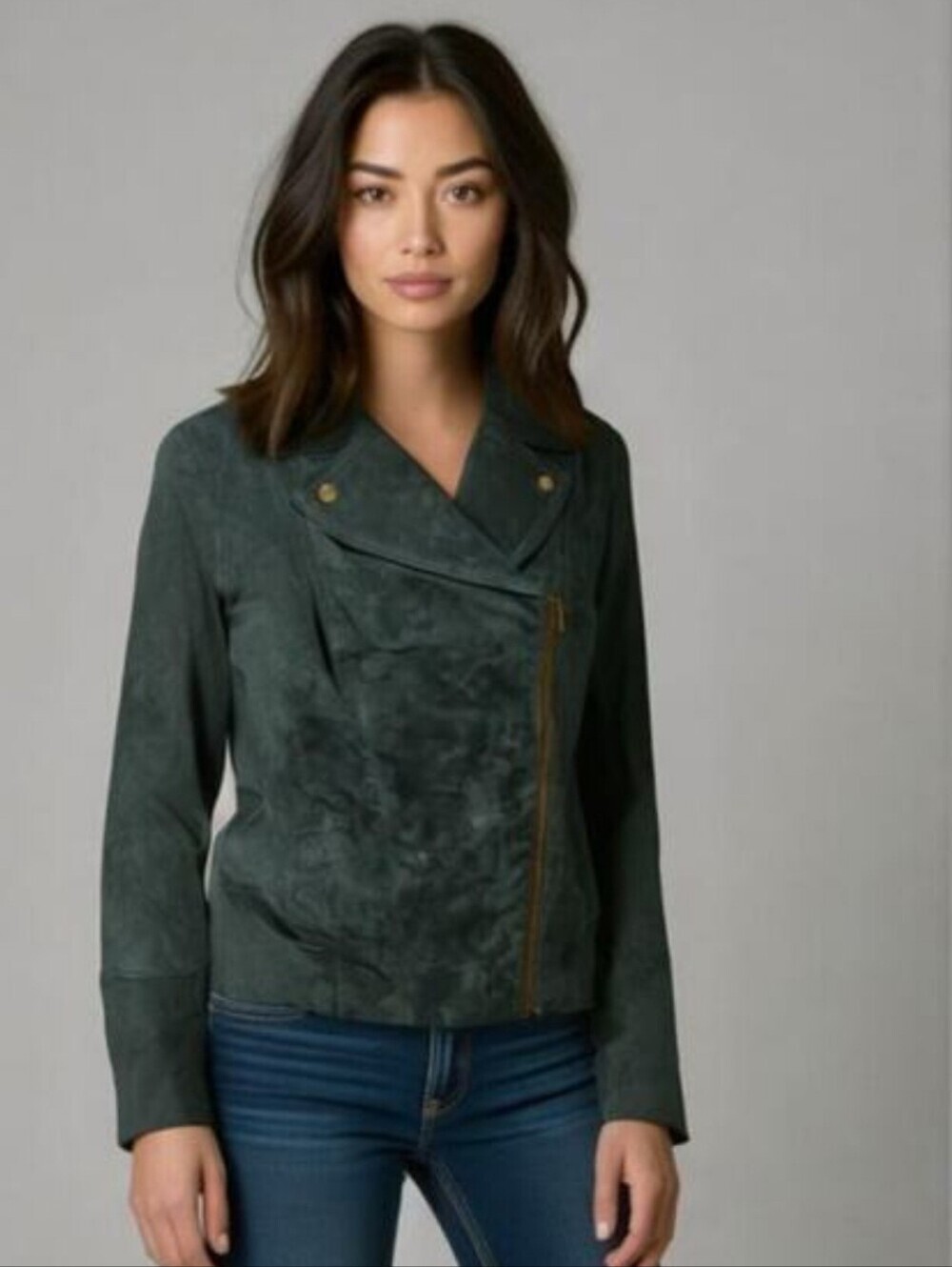 NWT Isaac Mizrahi Green Suede Leather Moto Glam Biker Jacket Womens 6